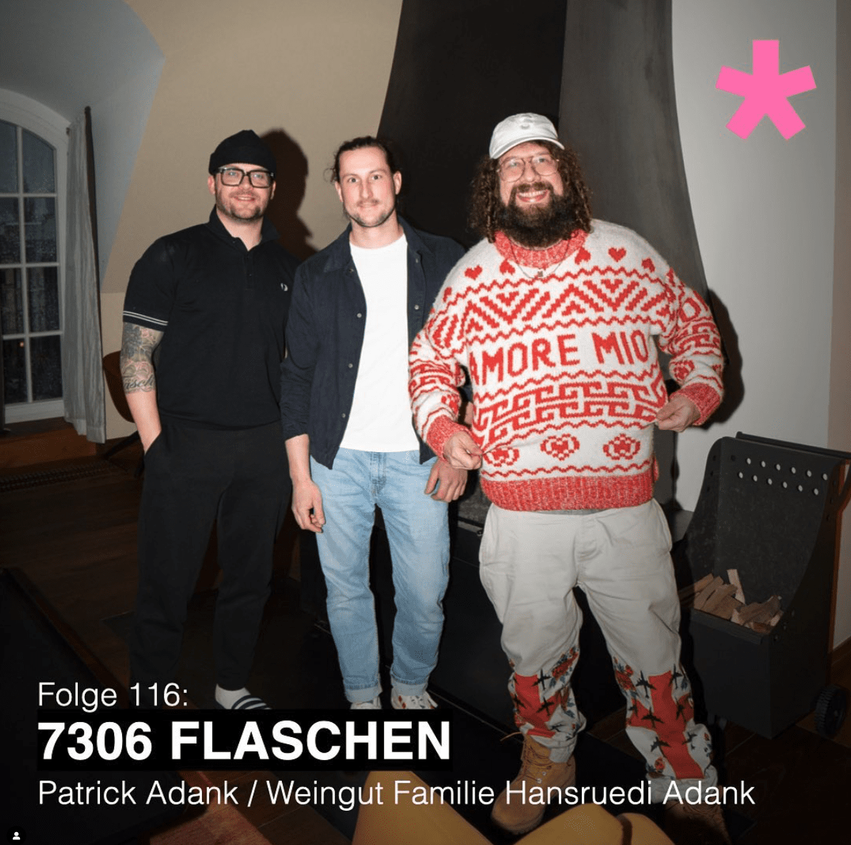 Terroir und Adiletten Podcast mit Patrick Adank 02 Willi Schlögl, Curly und Patrick Adank für den Weinpodcast «Terroir & Adiletten». Weingut Hansruedi Adank